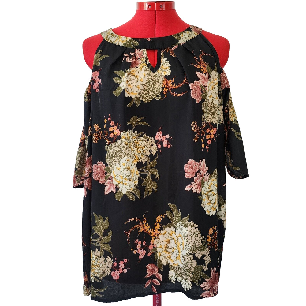 AUW Black Floral Shoulder Out Lightweight Blouse Size XL
